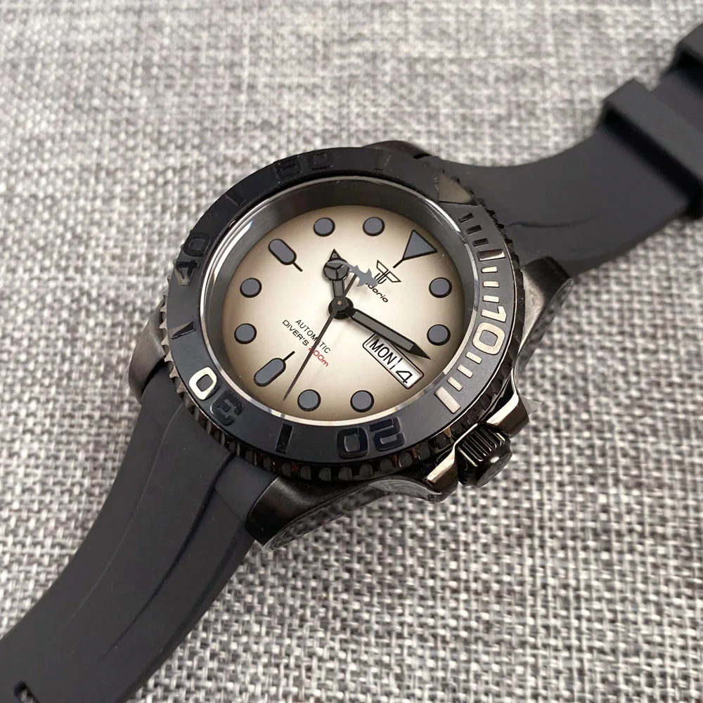 Tandorio 200M Waterproof NH36A Vintage Black Dial Automatic Men Swim Diver Watch PVD Case Date Week Display Rubber Band