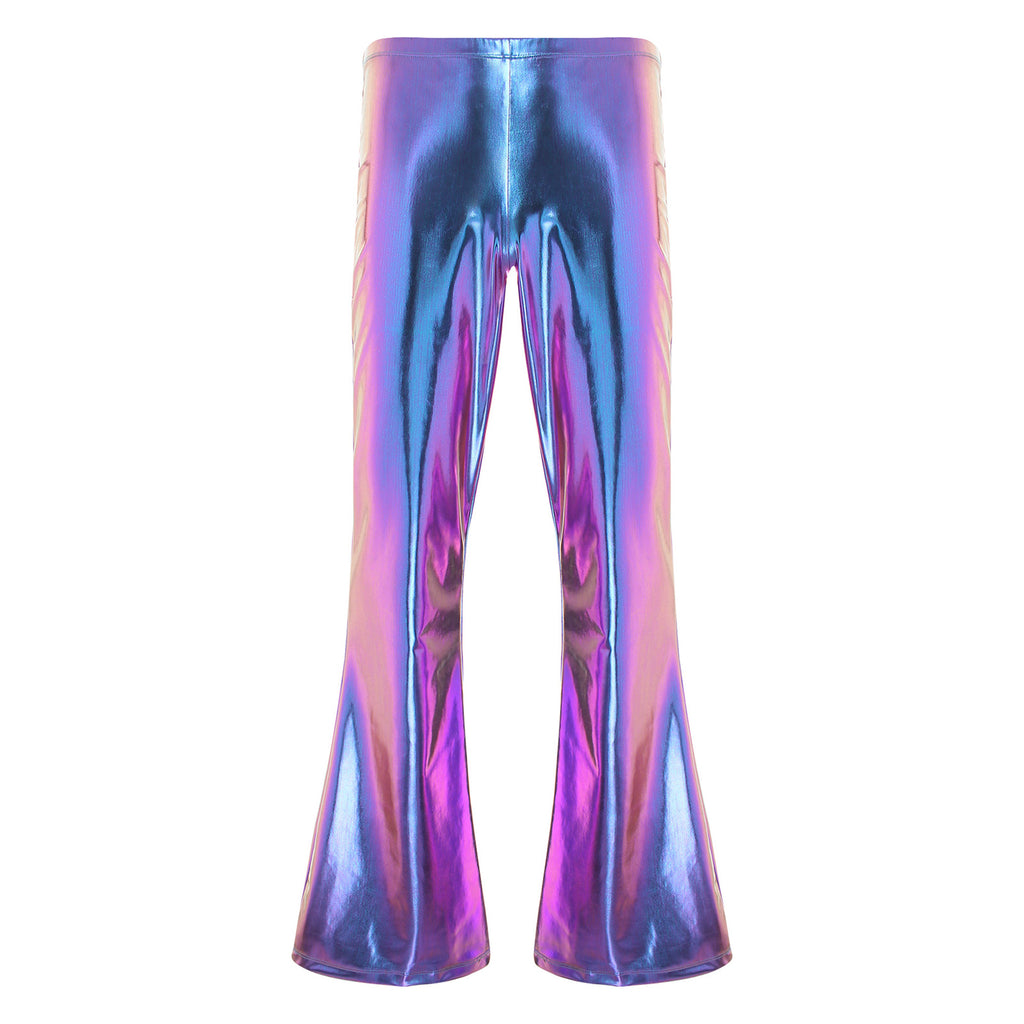 Men Metallic Shiny Flared Pants Retro Disco Costume Elastic Waistband Bell Bottom Trousers Long Pants 70s Party Show Clubwear