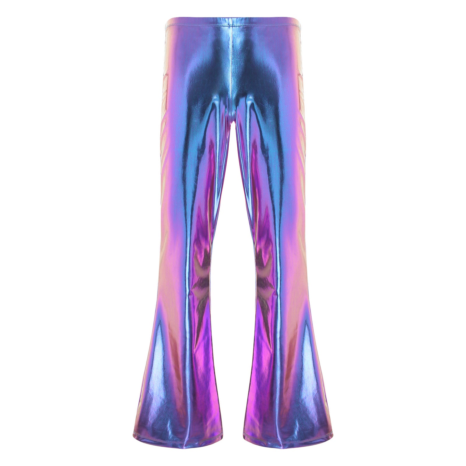 Men Metallic Shiny Flared Pants Retro Disco Costume Elastic Waistband Bell Bottom Trousers Long Pants 70s Party Show Clubwear