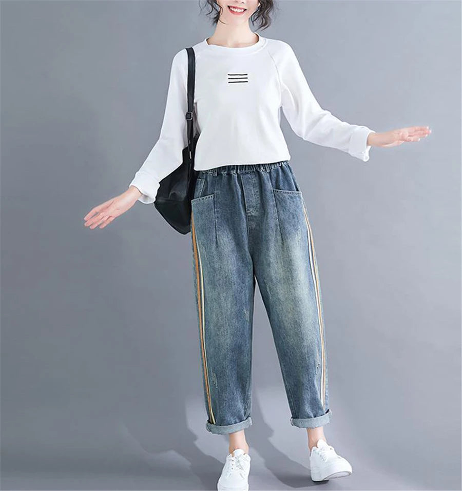Light Blue Baggy Harem Jeans Mom Elegant Casual Elastic Waist 86-90cm Capris Denim Pants Korean Fashion Chic Cowboy Pantalones