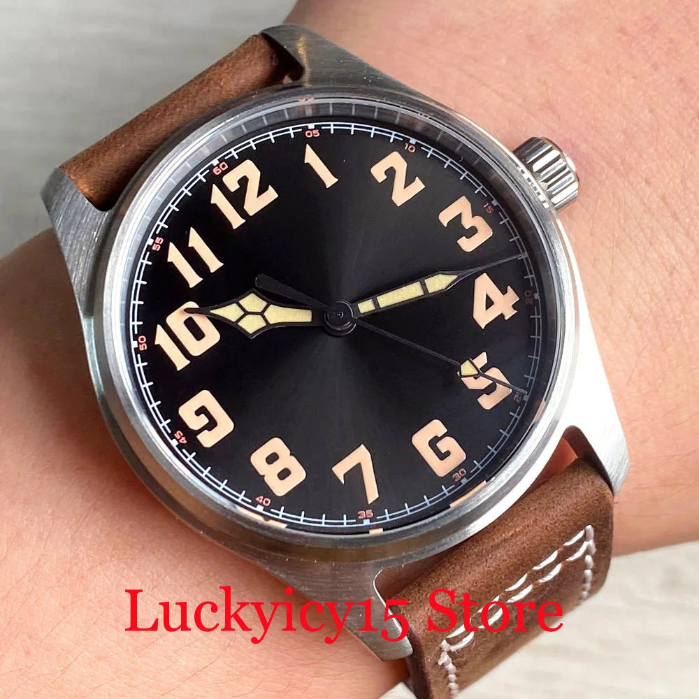 Tandorio Automatic Pilot Watch 39MM 20ATM NH35/PT5000 Movement Wristwatch Leather Strap Sapphire Green Lume Vintage Black Dial