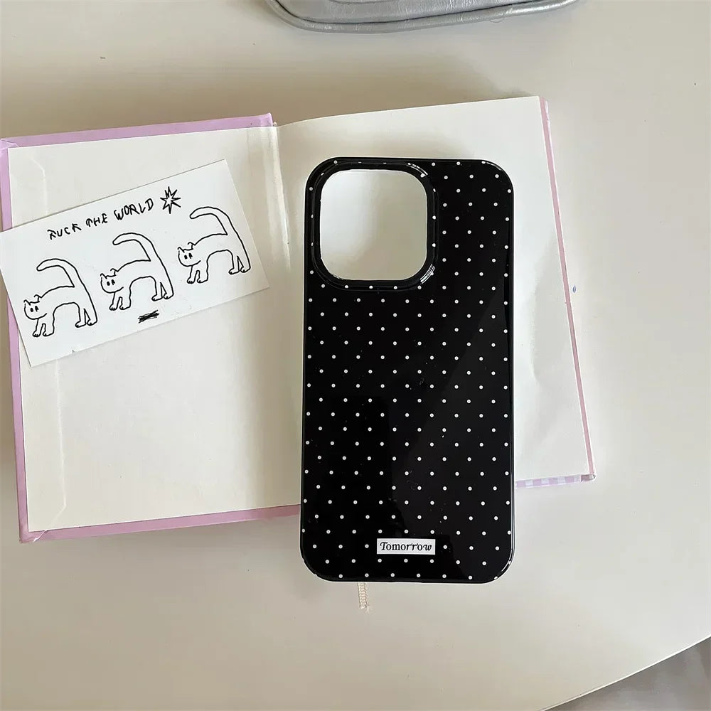 Korean Simple Polka Dot Black Border Phone Case For iPhone 16 Pro Max 15 Pro 14 13 12 11 Xr Xs Max MINI 7 8 Plus Y2K Phone Case