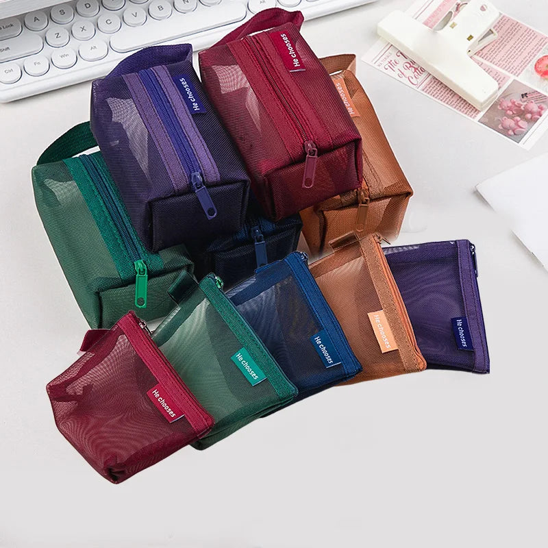 Mini Clear Nylon Mesh zipper Cosmetic Bags Cute Women Small Lipstick Makeup Bags Pouch Data Line Key Earphone Organizer Case