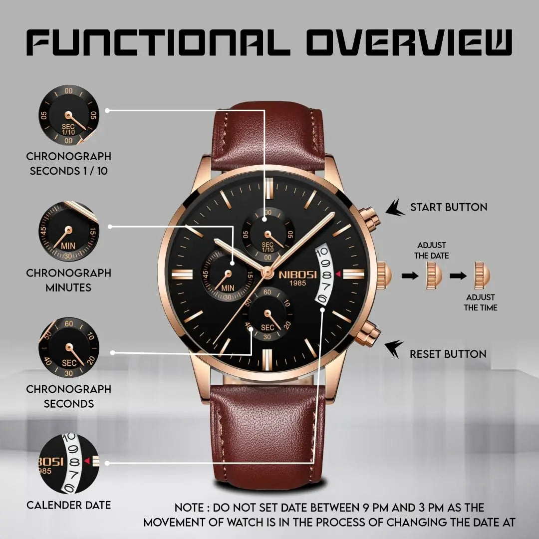 NIBOSI Watches Men Sport Quartz Watches Waterproof Chronograph Wrist Watch Gift Three-Eye 6-Pin Solid Leather Belt Watch Relogio