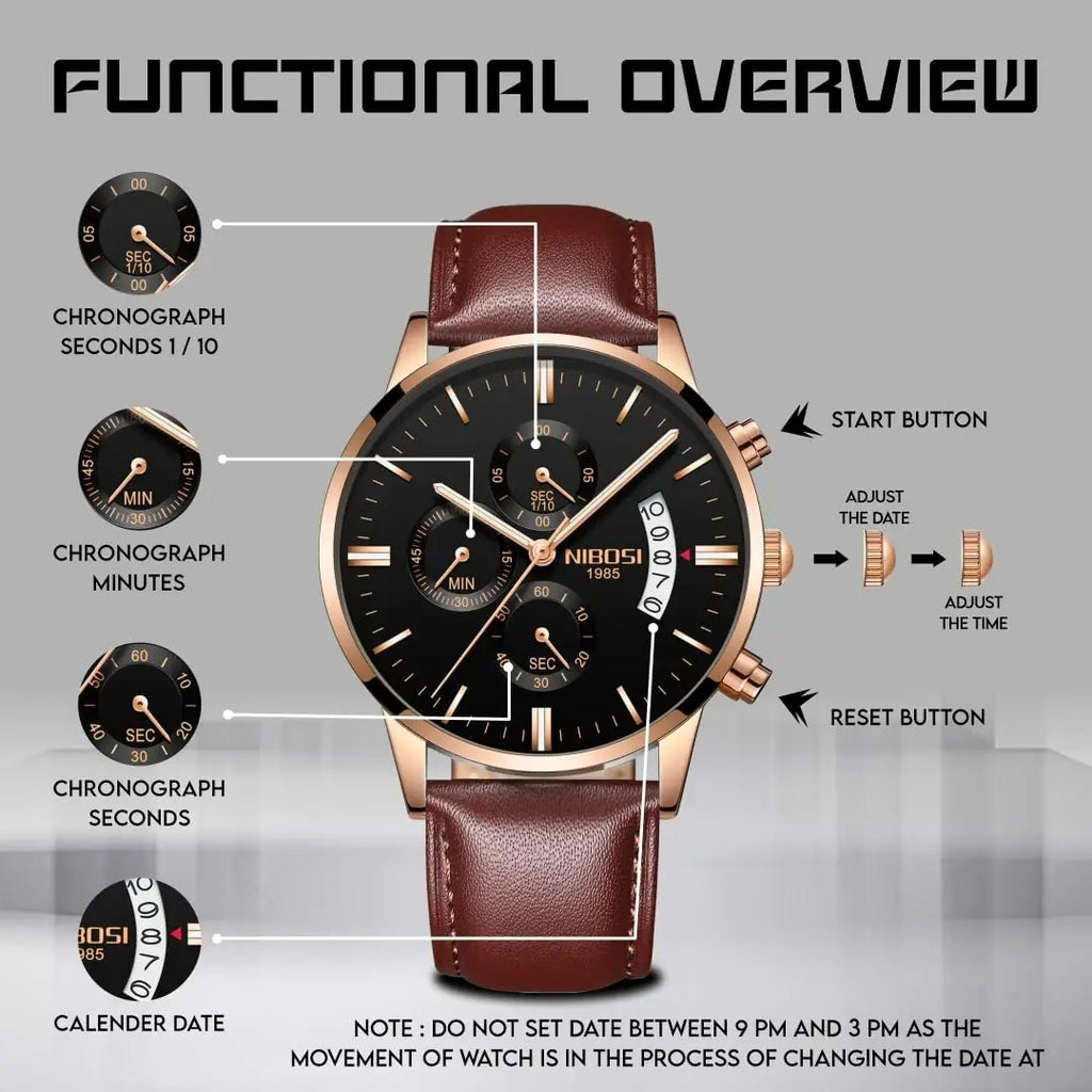 NIBOSI Watches Men Sport Quartz Watches Waterproof Chronograph Wrist Watch Gift Three-Eye 6-Pin Solid Leather Belt Watch Relogio
