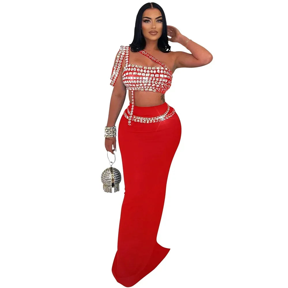 Women Dress Sets Floor Length Buttocks Skirts Two Pieces Set Matching Sets Diamonds Camisole High Street Party Night Evening