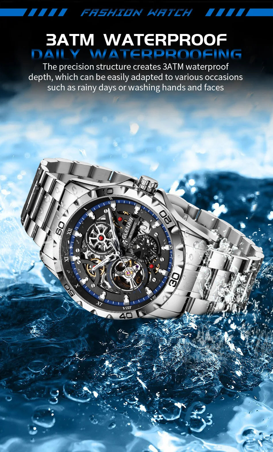 2025 GLENAW NEW Steampunk Skeleton Men Watch Luxury Automatic Mechanical Watches Luminous waterproof Stainless Steel Strap Watch