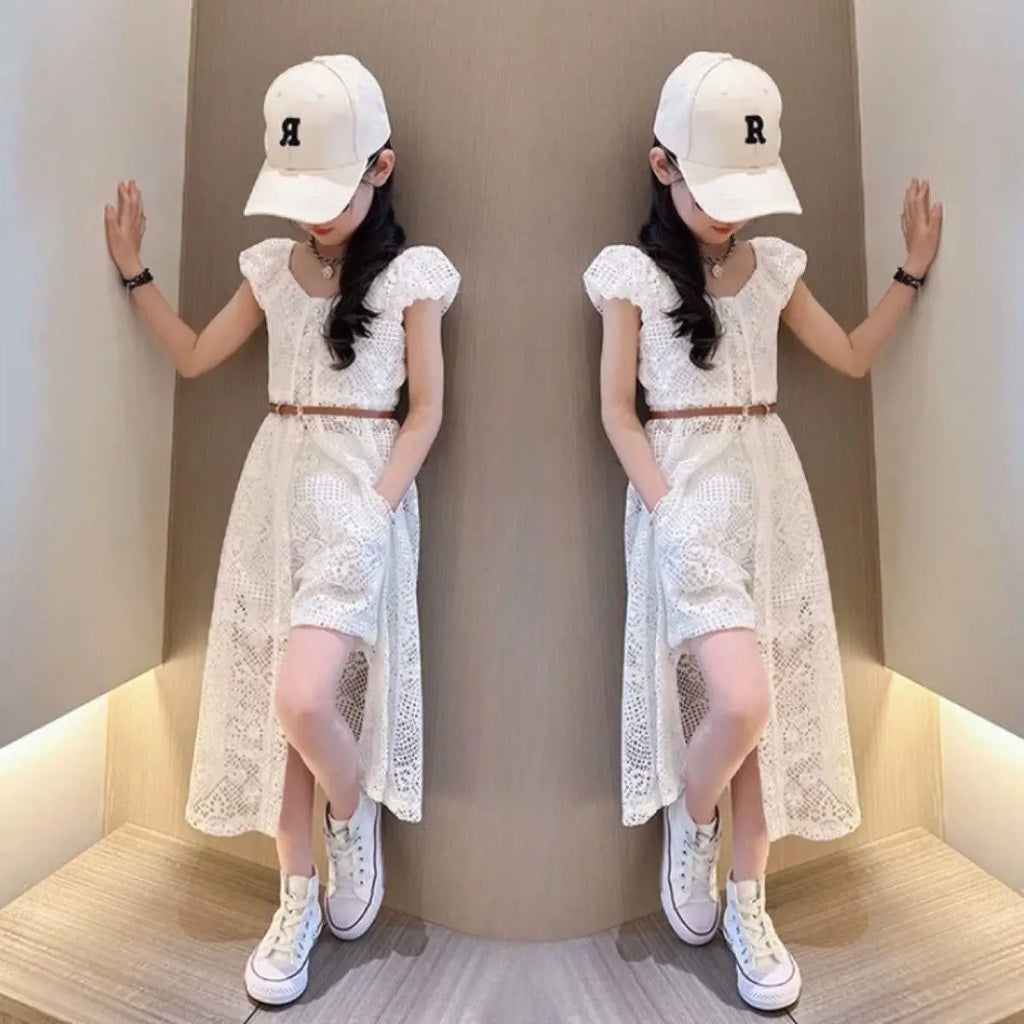 Girls' Set 2025 New Summer Korean  Lace Hollow Set Elegant Medium sized Children's Dress