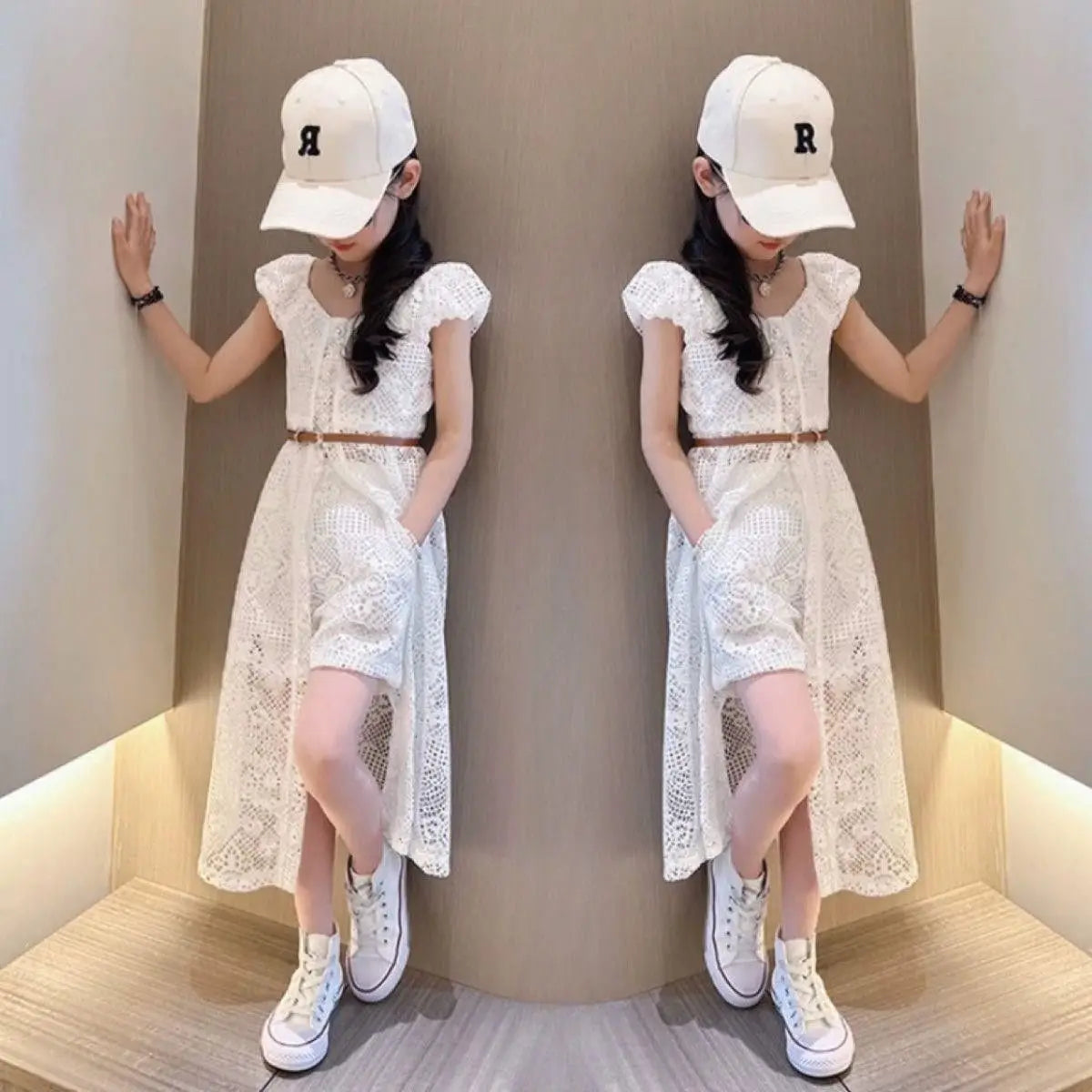 Girls' Set 2025 New Summer Korean  Lace Hollow Set Elegant Medium sized Children's Dress