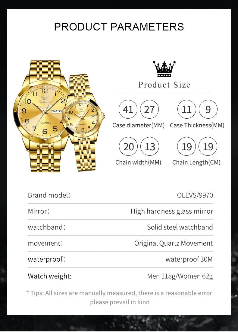 OLEVS 9970 Original Fashion Brand Quartz Couple Watch Luxury Stainless Steel Waterproof Glow Men's and Women's Gift Set Watch