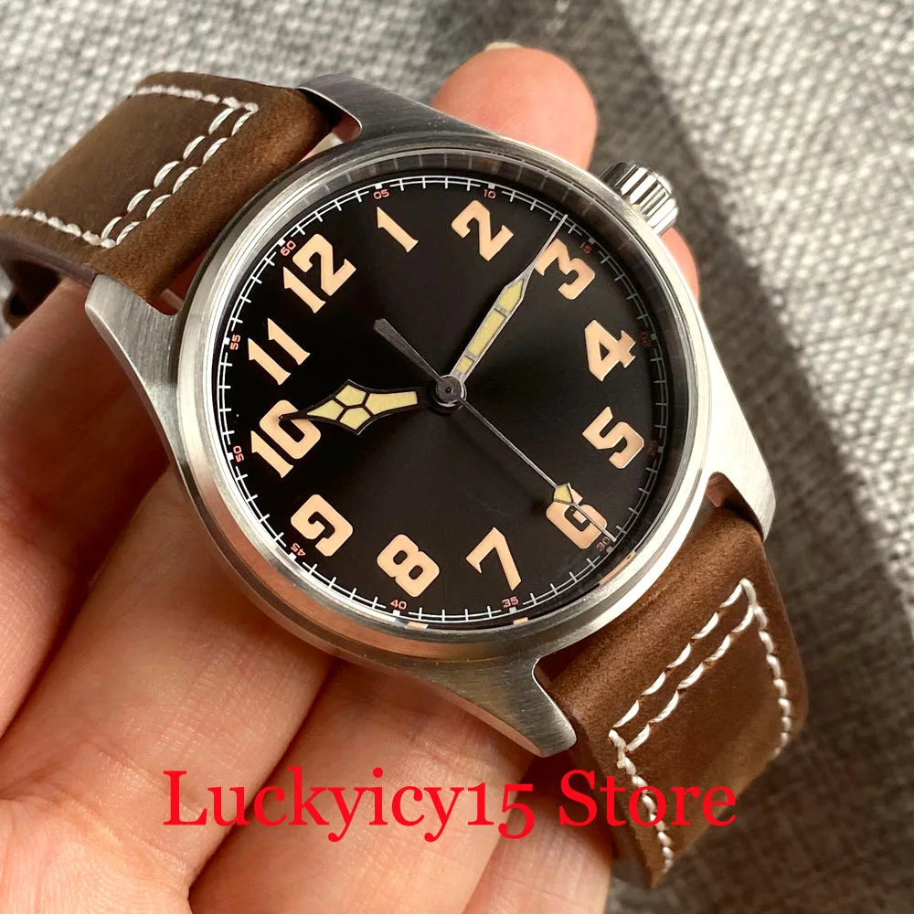 Tandorio Automatic Pilot Watch 39MM 20ATM NH35/PT5000 Movement Wristwatch Leather Strap Sapphire Green Lume Vintage Black Dial