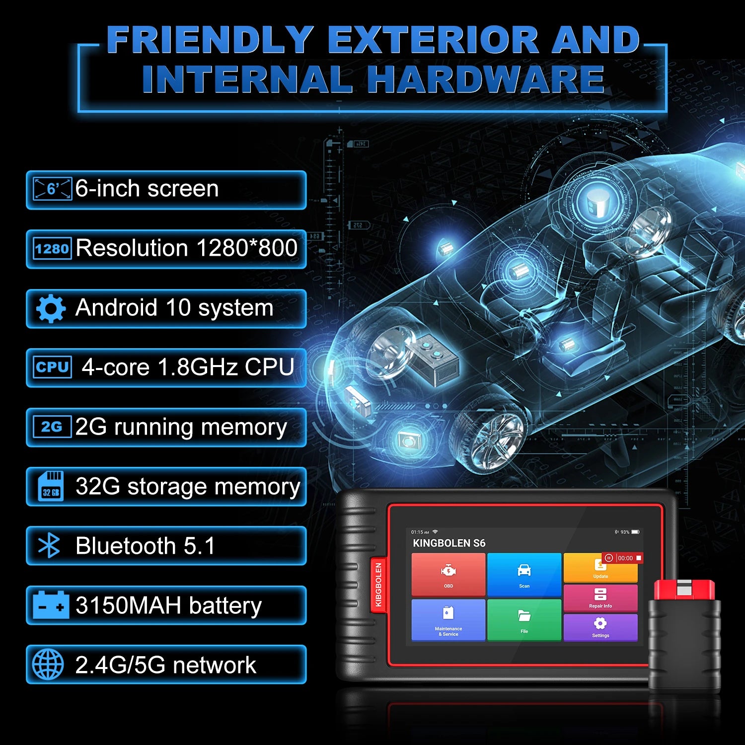 KINGBOLEN S6 OBD2 Scanner All System Car Diagnostic Tools 28 Service BMS/TPMS/ABS CANFD FCA AutoAuth Lifetime Free Update