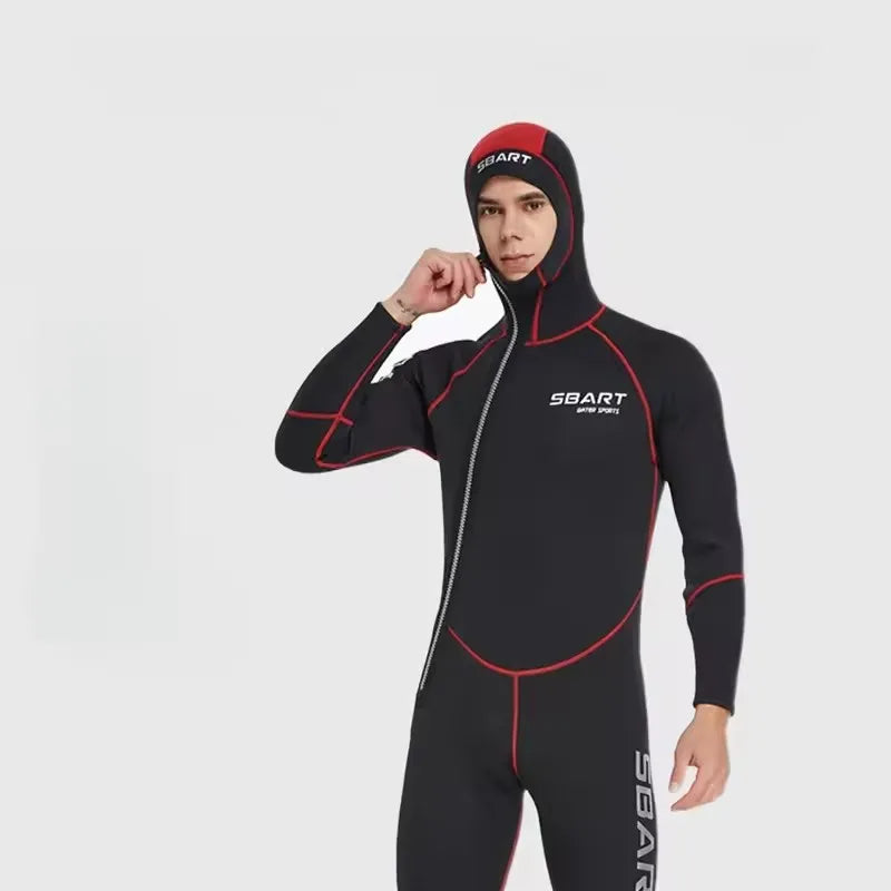 SBART 3mm One-piece Neoprene Wetsuit Men Hooded Warm Long Sleeve Diving Suit Cold Proof Sunscreen Surfing Swimming Snorkeling