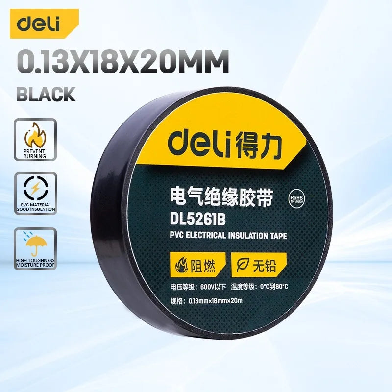 Deli 1Pcs 10m/20m Electrical Tape PVC Electrical Flame Retardant Insulation Waterproof Tape Pressure Resistant Electrical Tape
