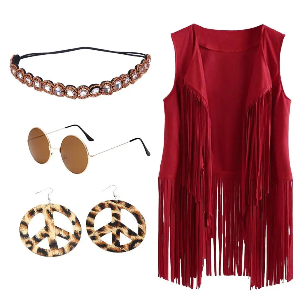 60s 70s Women Vest Set Headband Sunglasses Necklace Earrings Tassel Cardigan Jewelry Set Waistcoat Dance Party Disco Costume