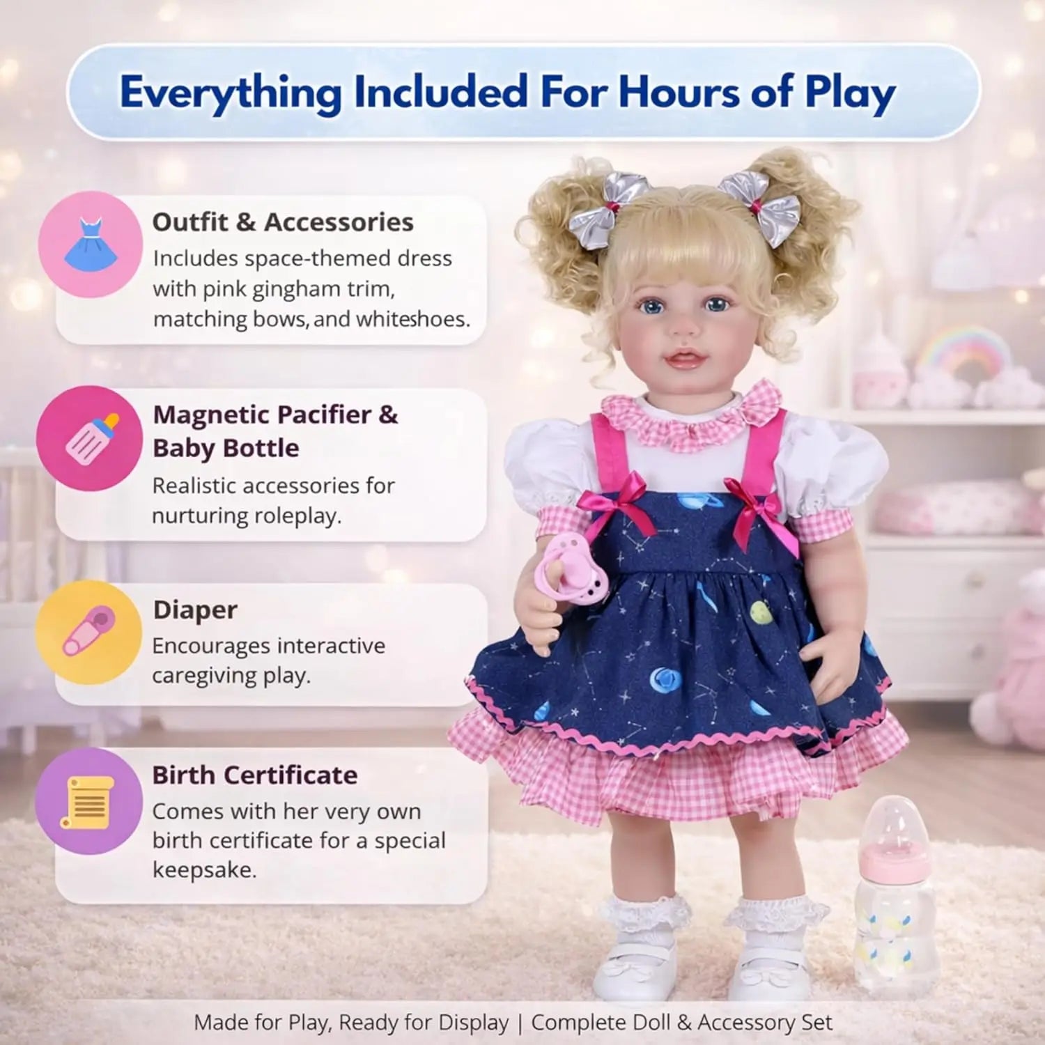 Galaxia Girl” – 22” Realistic Reborn Toddler Doll with Blonde Curly Hair, Light Skin Tone, Hand-Painted Face
