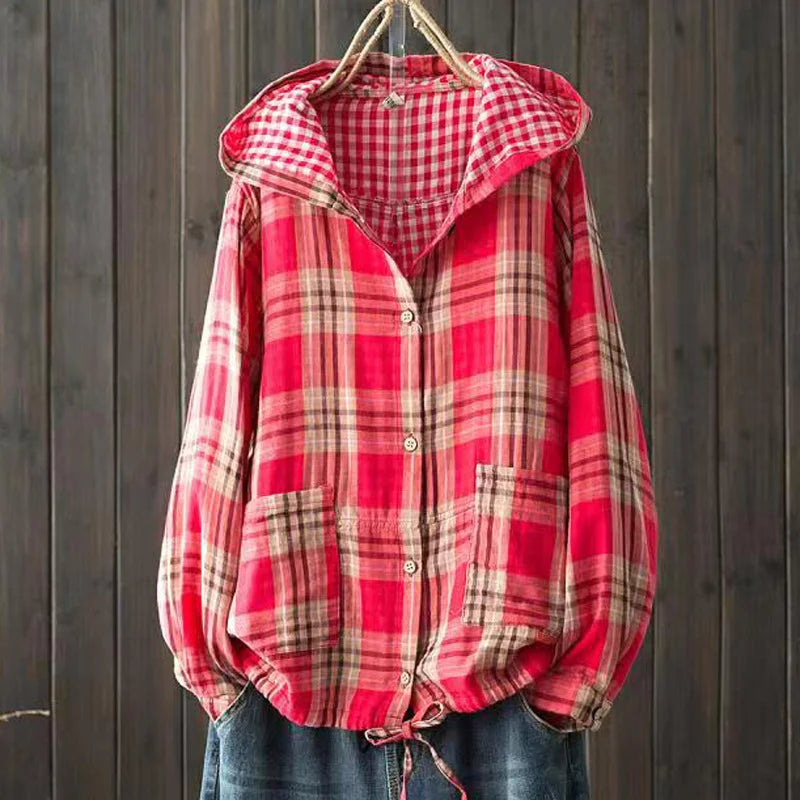 Large size blouses for women autumn hooded long sleeve single-breasted plaid shirts cotton checkered oversized shirt outwear