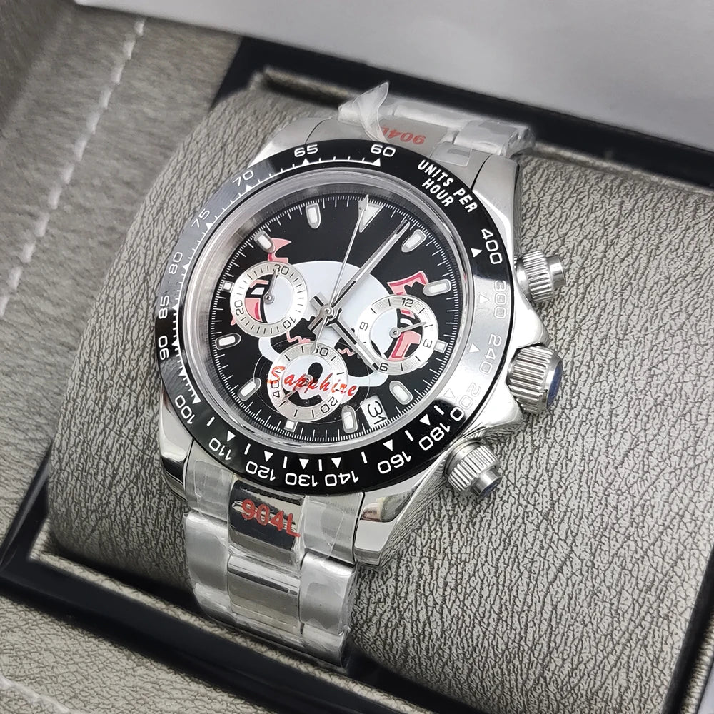 Luxury 39mm Rose gold Quartz Watch Men's Timing Sapphire Crystal VK63 Movement Calendar Luminous Blue Dial Stainless Steel Stra