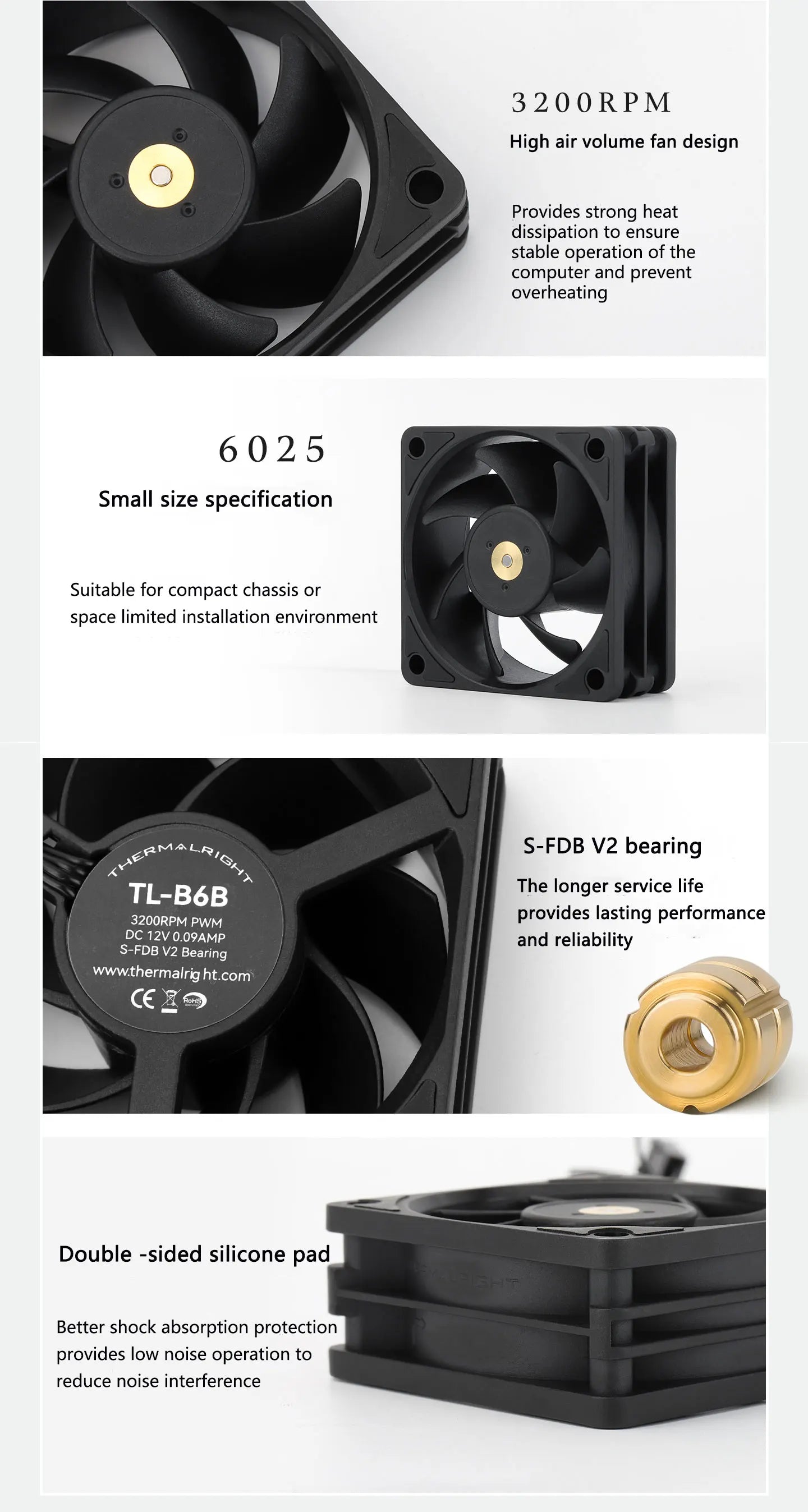 Thermalright TL-B6b chassis cooling fan, 60x60x25mm/3200rpm low noise and high-performance computer fan