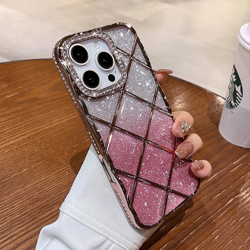 Luxury Diamond Case for iPhone 16Pro 15Pro Max Rhombus Transparent Plating Soft Silicone Cover for iPhone 15 16 13 12 14 Pro Max