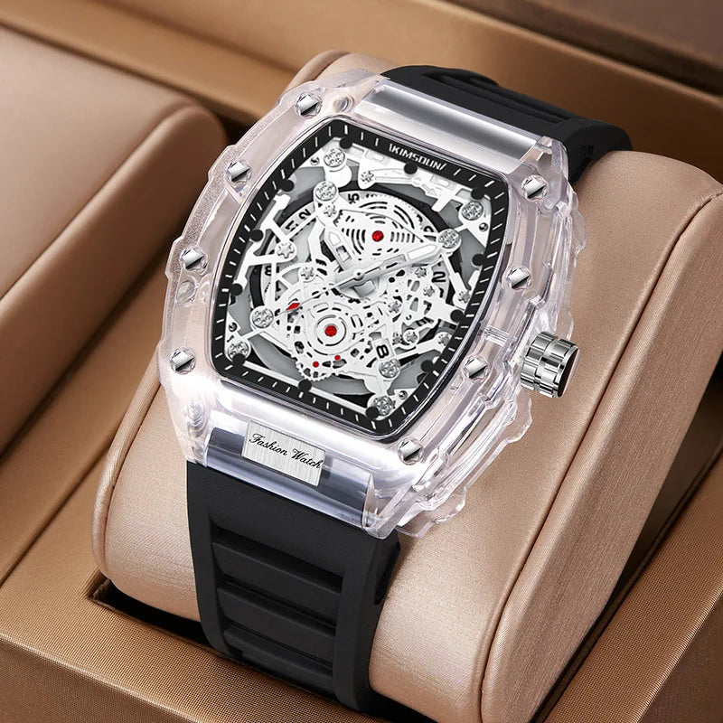 Fashionable Casual Men's Watch Luminous Calendar Function Silicone Strap Tonneau Shaped Transparent Case Men Quartz Watch Reloj