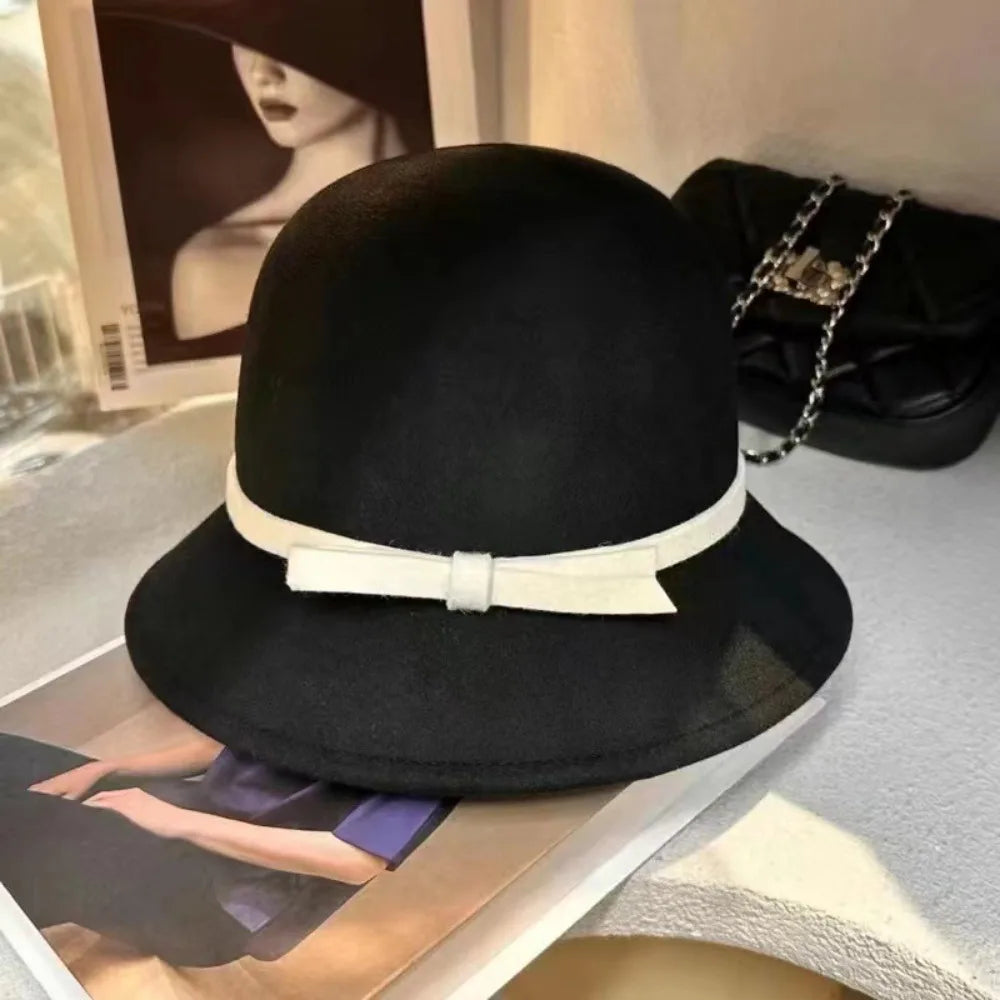 Fashion Hepburnesque Felt Formal Hat Panama Cap British Style Bowknot Bucket Hat Wealthy Heiress Style Autumn