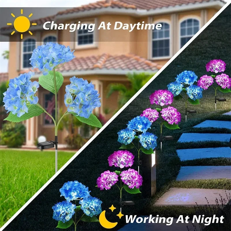 Garden Summer Home Weddig Holiday Decor 3 Heads Artificial Hydrangea Flower Landscape Ground Lights Outdoor Solar LED Lawn Lamp
