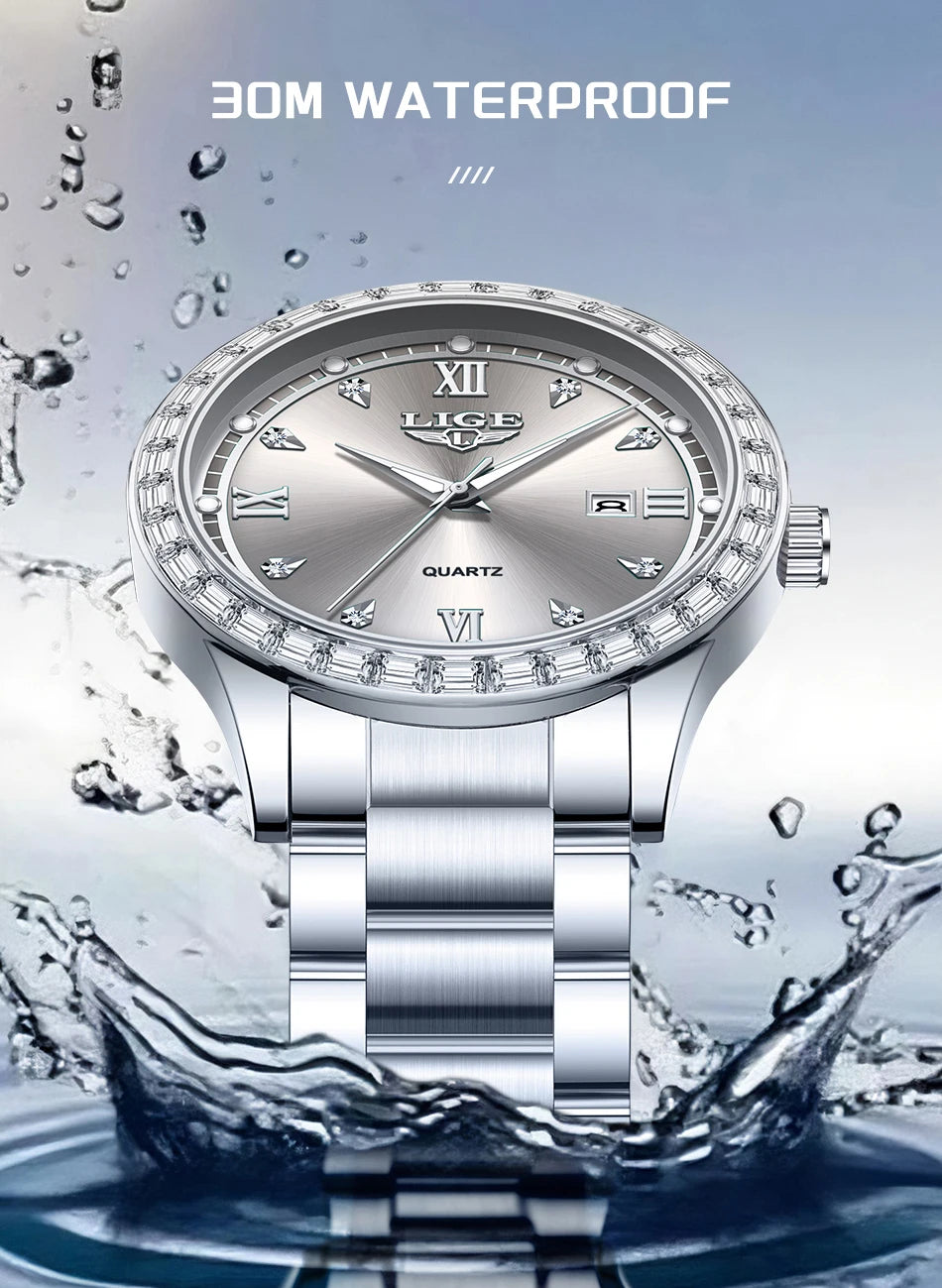 LIGE Creative Diamond Design Watch Women Waterproof Stainless Steel Luminous Ladies Watches Simple Elegant Quartz Wristwatch