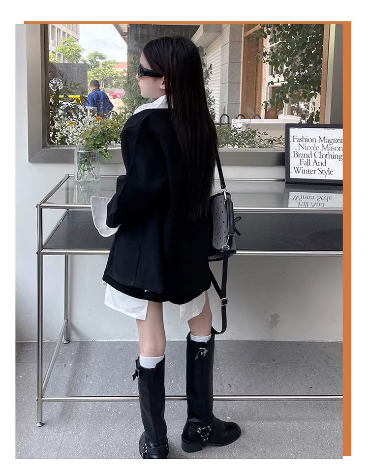 Girls' Suit Set Ages 5-14 Trendy Spliced Two-Piece Outfit with Jacket And Short Skirt for Children's Fashion Shows Machine Wa...