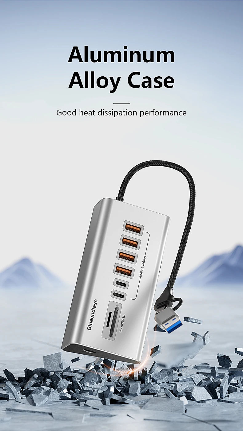 9 in 2 USB C Hub To USB 3.2 Aluminum Docking Station 10Gbps Type C 3.2 Splitter with SD/TF Card Reader for PC Laptop Tablet