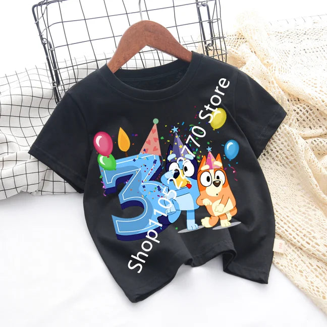 Bluey Baby Birthday T Shirt for Boys Girl Bingo Number Kids Clothes Summer Cartoon Letter Tees Shirts Toddler Short Sleeve Tops