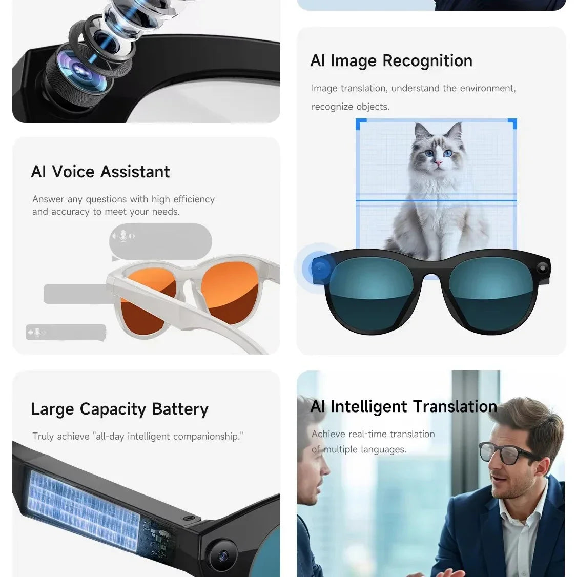 AI Smart Camera Glasses for Men And Women with Real-Time Translation Object Recognition Video Recording And Bluetooth Calling