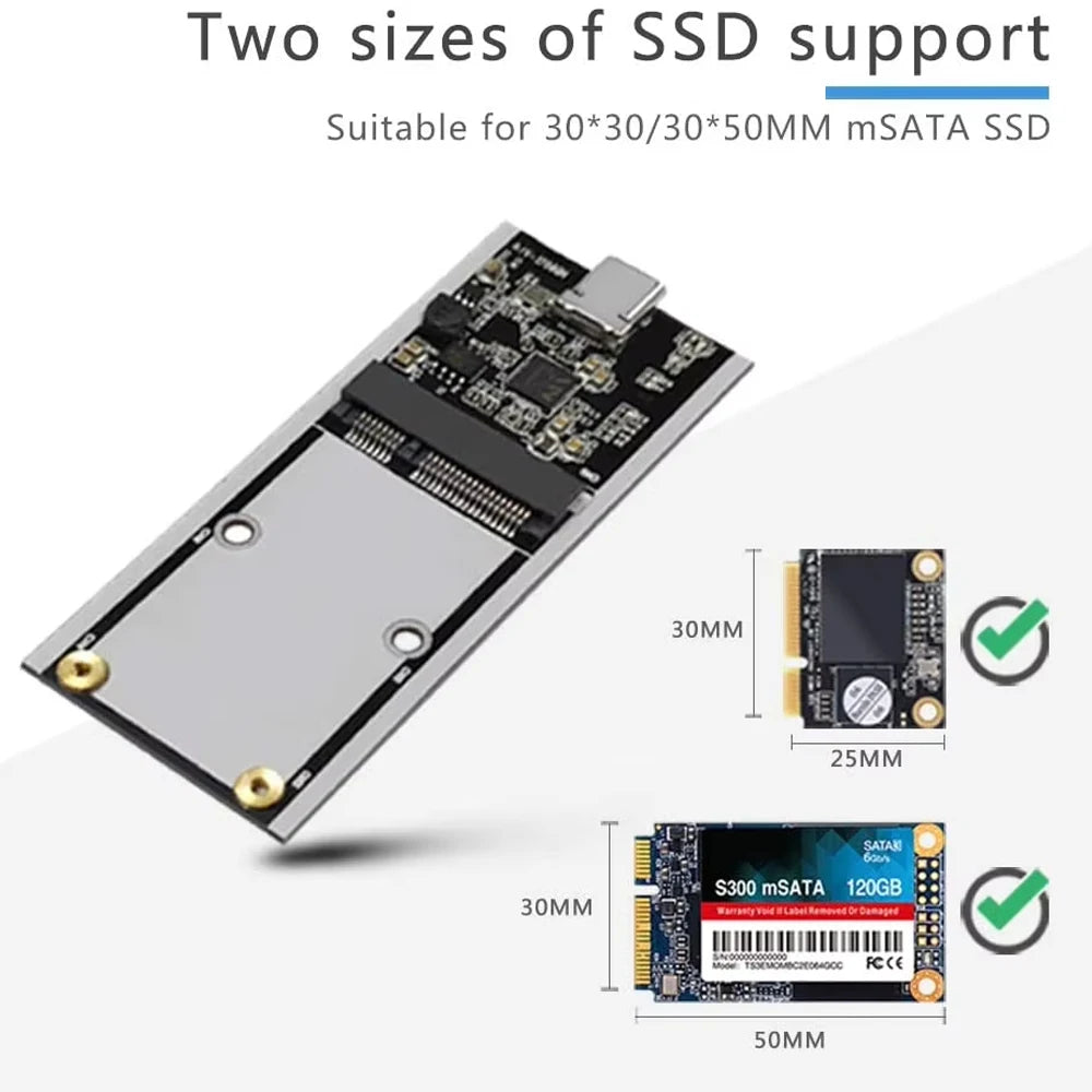 mSATA to USB 3.1 SSD Enclosure 5Gbps Aluminum Alloy mSATA Adapter Mini-SATA SSD to USB3.1 Type-C HDD Case for 1.8 inch Sata3 Box