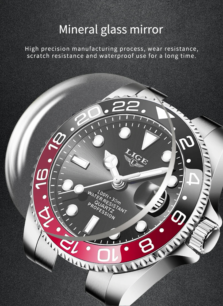 LIGE Top Brand Fashion Mens Watch Business Luxury Quartz Wristwatches Luminous Waterproof Steel Sports Watches Mens Gifts Reloj