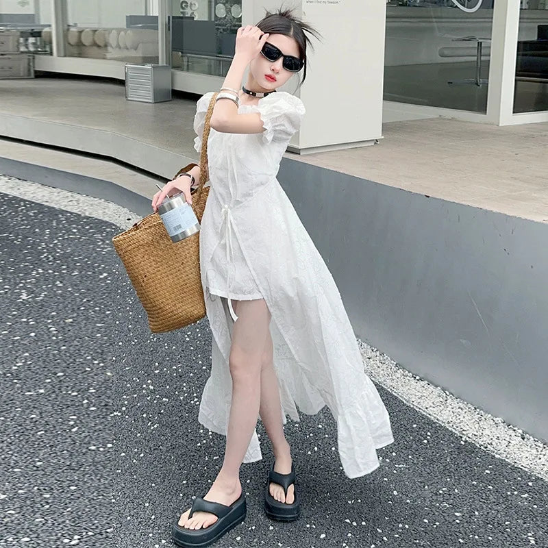 junior girls 2024 French Square Neck White Short Sleeve Dress Puff Sleeve Ruffle Long Skirt Premium teen kids princess Dresses