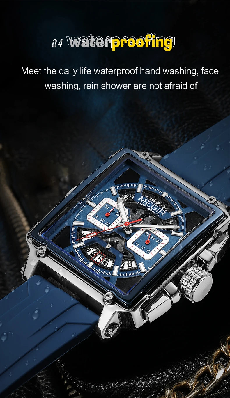 MEGIR Sport Watches for Men Waterproof Quartz Military Wristwatches Square Dial Male Chronograph Watch 24-hour Reloj Hombre 2233