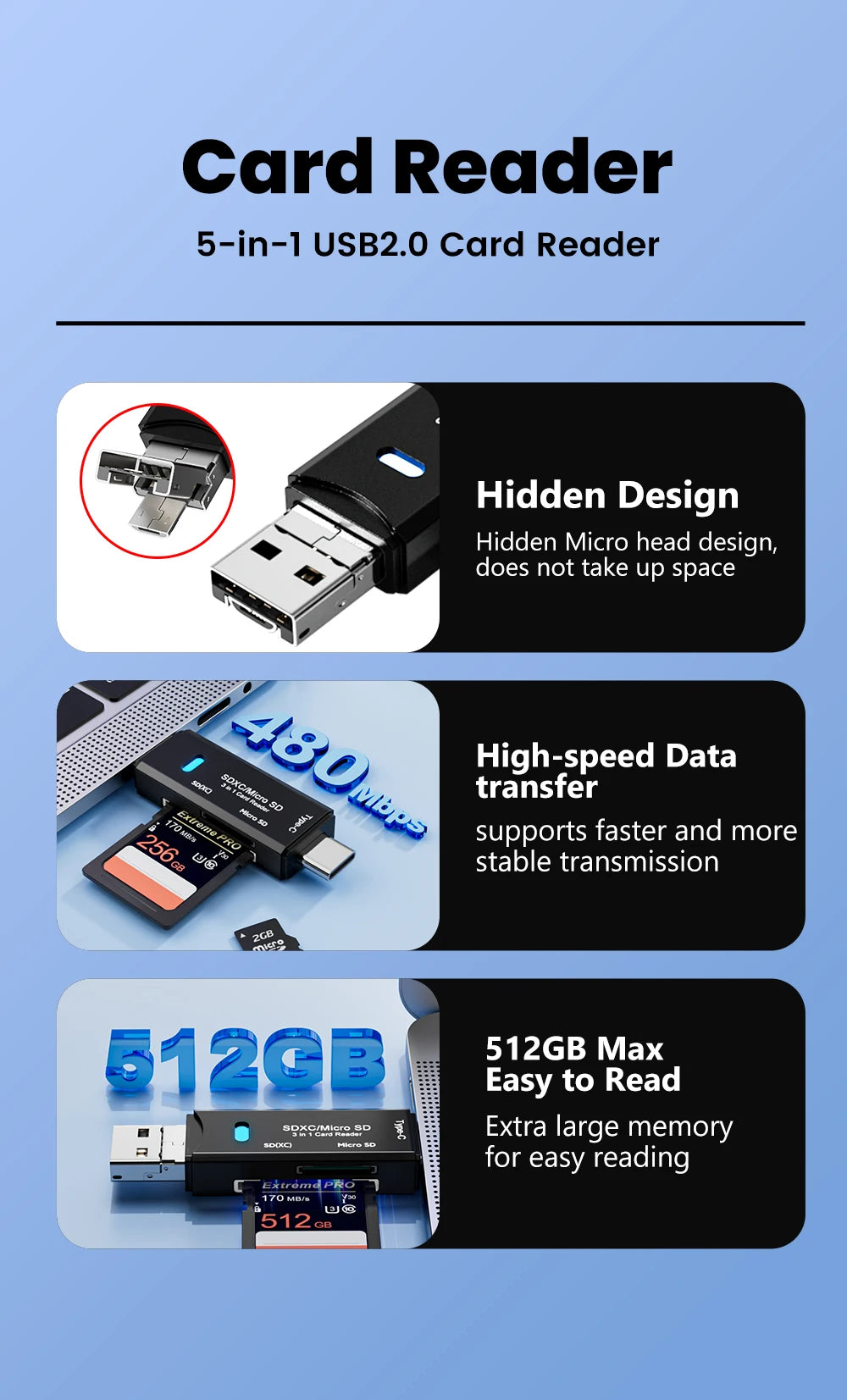 Olaf 5 In 1 Card Reader Otg Type C Micro Sd Card Reader Flash Drive Smart Memory Card Reader Usb 2.0 Tf Cf Cardreader Adapter