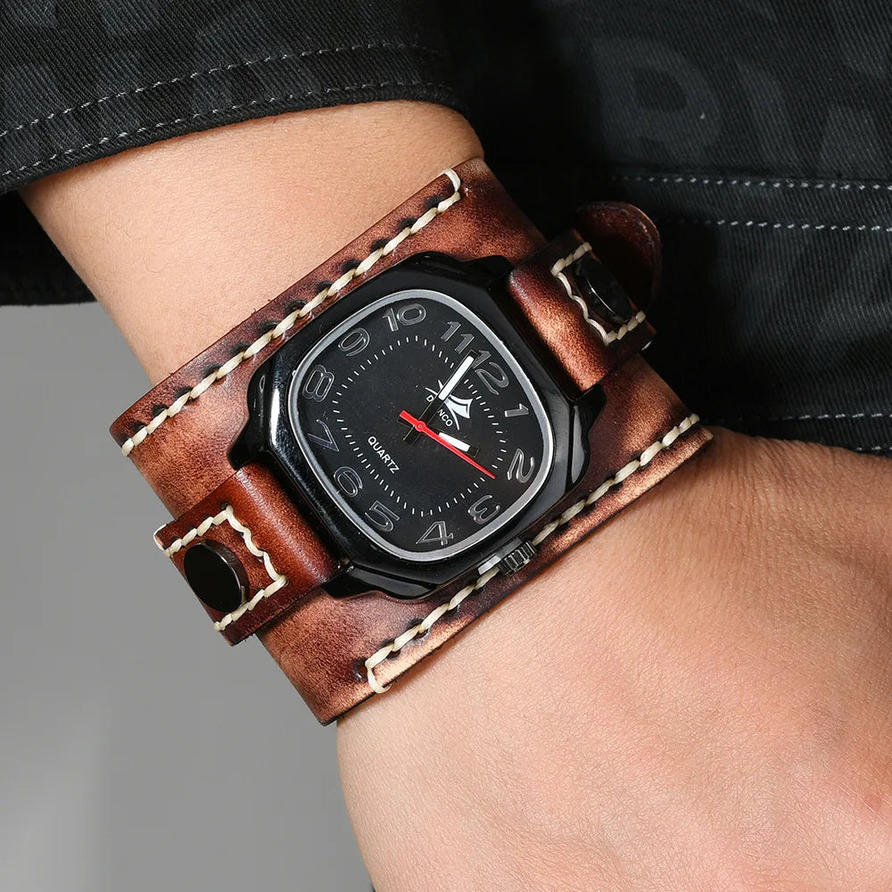Men's Vintage Wide Cowhide Leather Hand-Stitched Quartz Watch - Retro Wrist Accessory