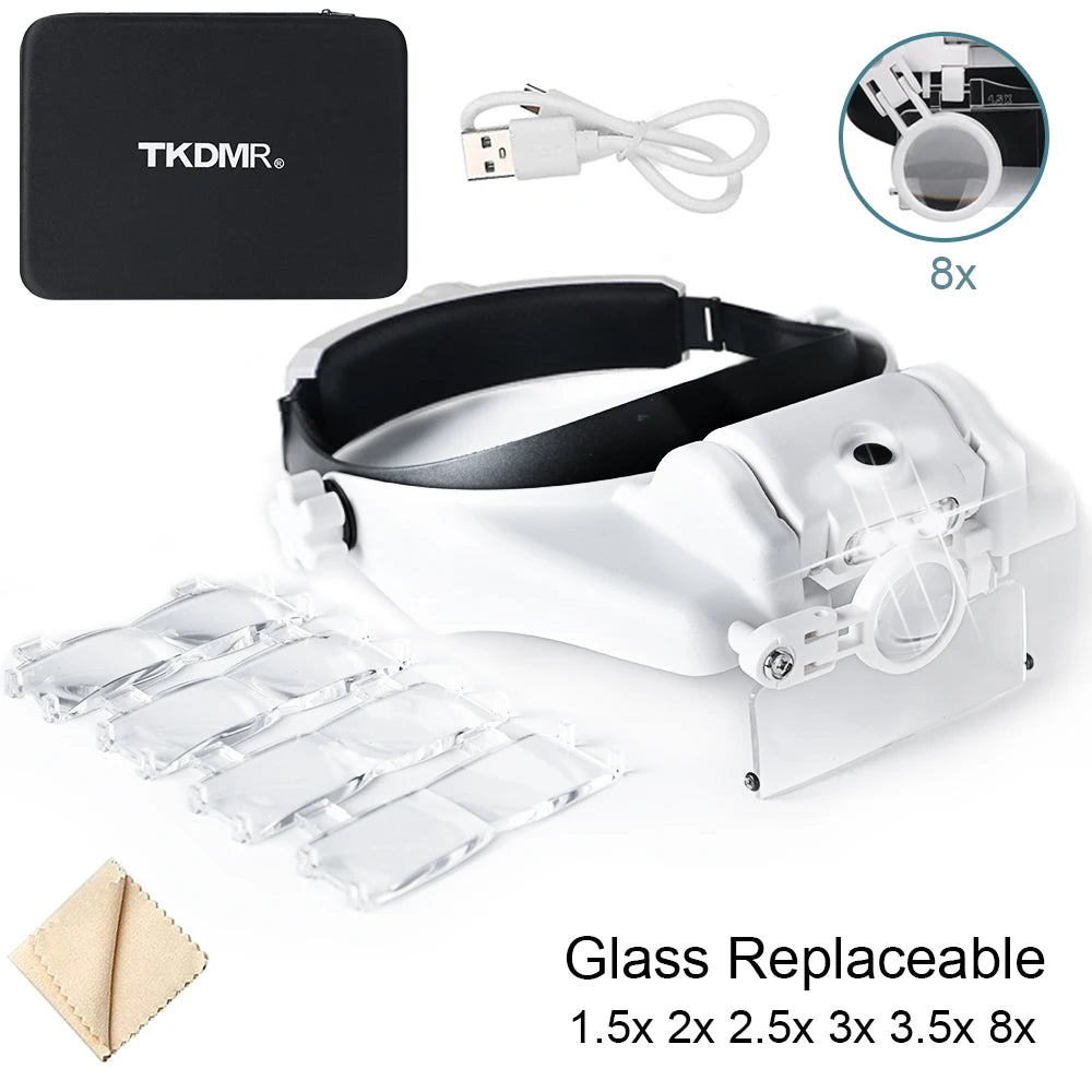 TKDMR USB Rechargeabl Head Mounted Binocular Eyewear Loupe Magnifier with 3LED Illuminated Headband Magnifying Glass For Reading
