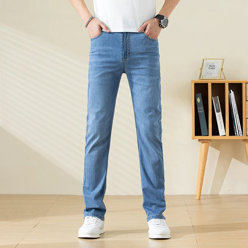 Summer Thin Mens Clothing Cowboys Slim Straight Jeans Men Denim Pants Casual Regular Fitness Men's Trousers Light Blue 2025