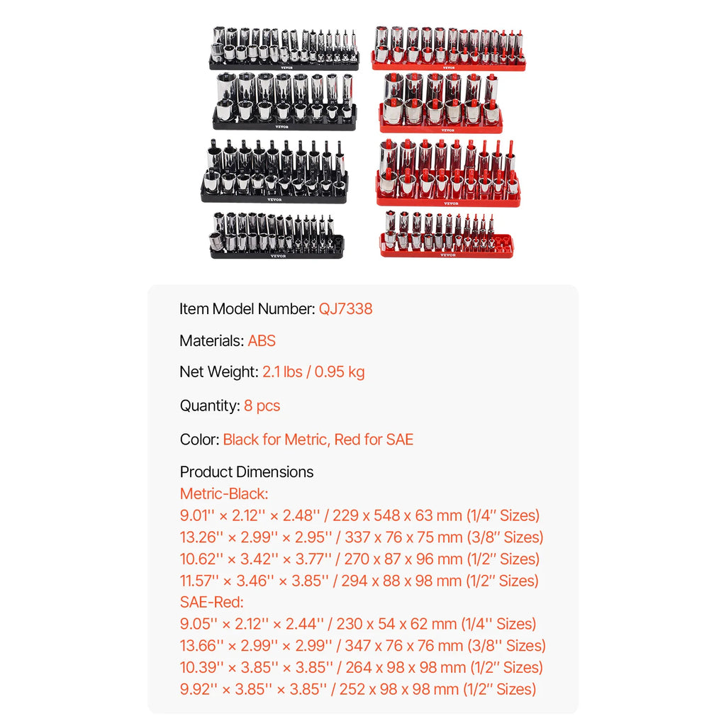 VEVOR 8PCS Socket Organizer Tray Set 1/4'' 3/8'' & 1/2'' Metric SAE Socket Holder up to 176PCS Standard & Deep Sockets for Tools