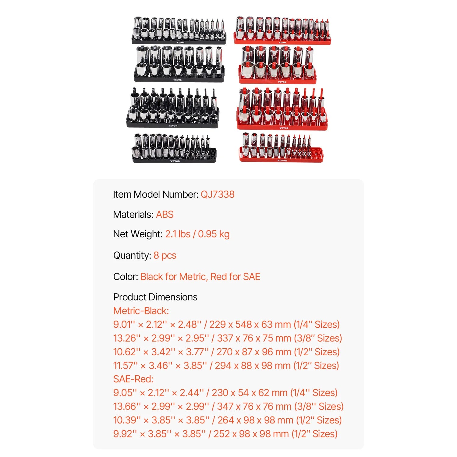 VEVOR 8PCS Socket Organizer Tray Set 1/4'' 3/8'' & 1/2'' Metric SAE Socket Holder up to 176PCS Standard & Deep Sockets for Tools