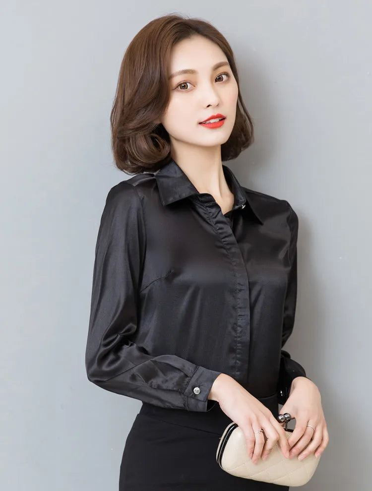 Women silk satin blouse button long sleeve lapel ladies office work elegant female silk blouses shirts