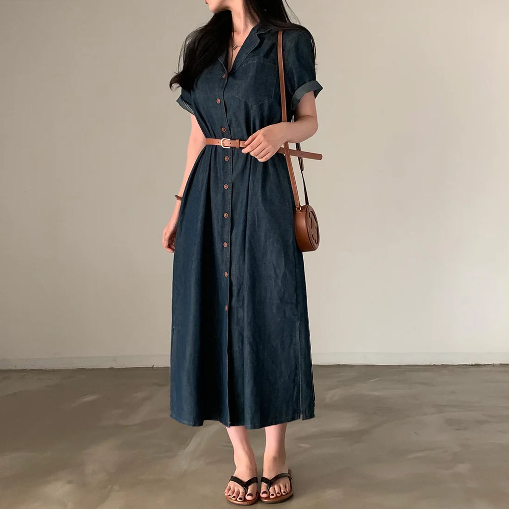Slimming Chic Retro Chic Long Dr with Belt High Waist A-Line Skirt ort Sve Korean Sle Commute Dr Denim Dr