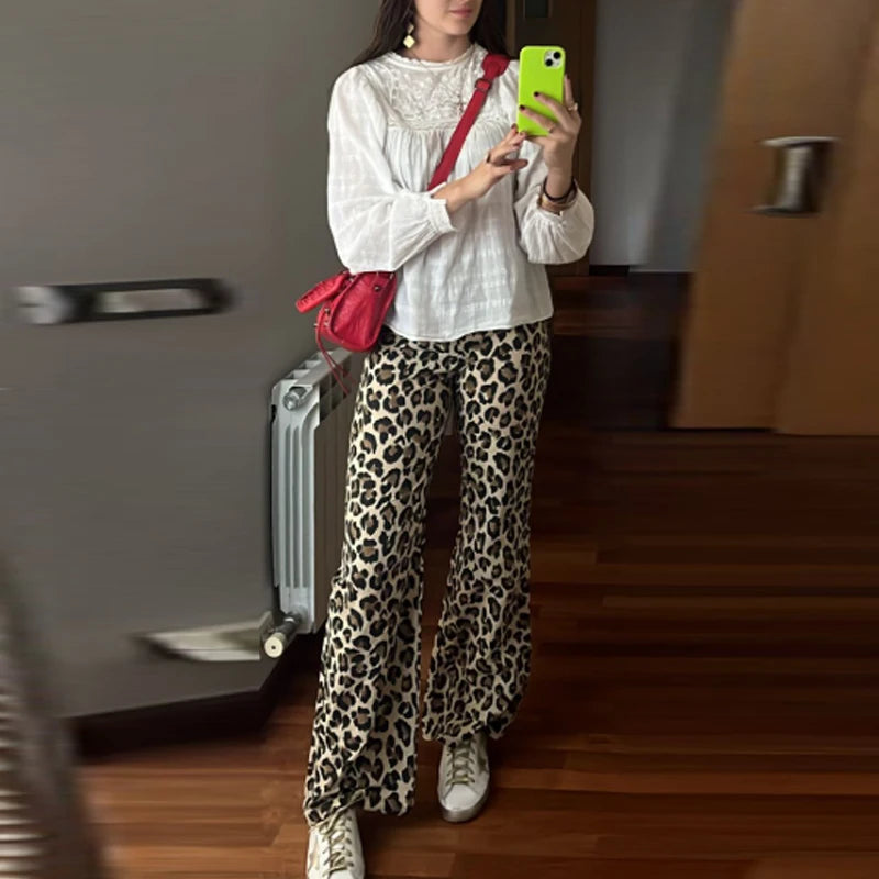 HXAO Leopard Flared Pants Women's Pants Summer 2025 Lady Fashion Vintage Animal Print High Waist Pants Chic Office Wear Trousers
