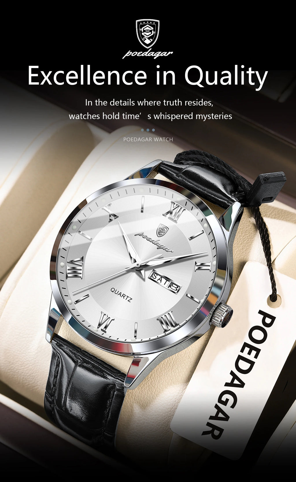 POEDAGAR Classic Luxury Men's Wristwatch Date Week Leather Business Man Watch Waterproof Luminous Fashion Quartz Watches For Men