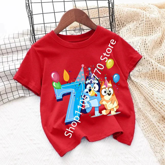 Bluey Baby Birthday T Shirt for Boys Girl Bingo Number Kids Clothes Summer Cartoon Letter Tees Shirts Toddler Short Sleeve Tops