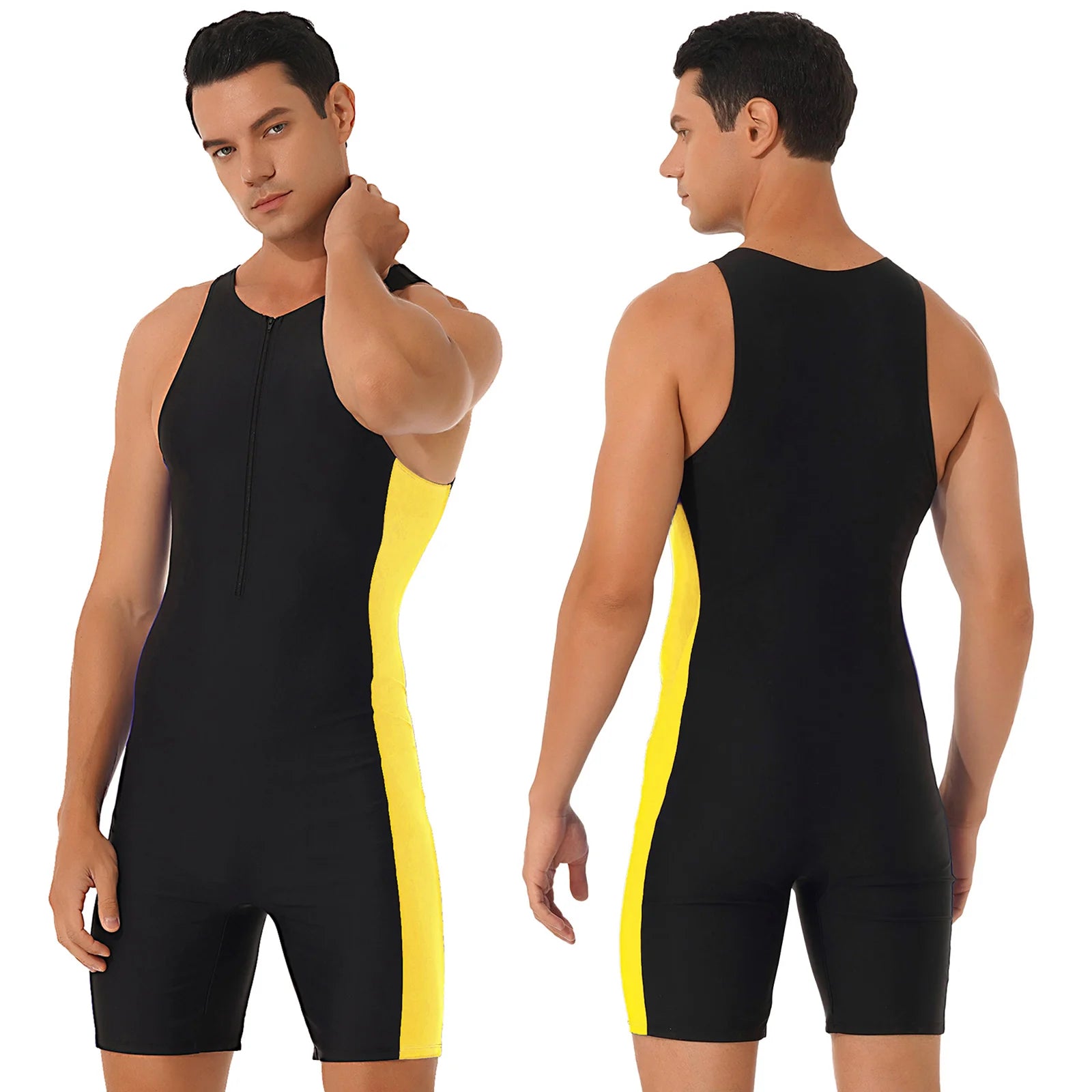 Mens Swimwear One-piece Wetsuit Swimming Bathing Suit Round Neck Sleeveless Side Shorts Bodysuit Triathlon Front Zipper Swimsuit