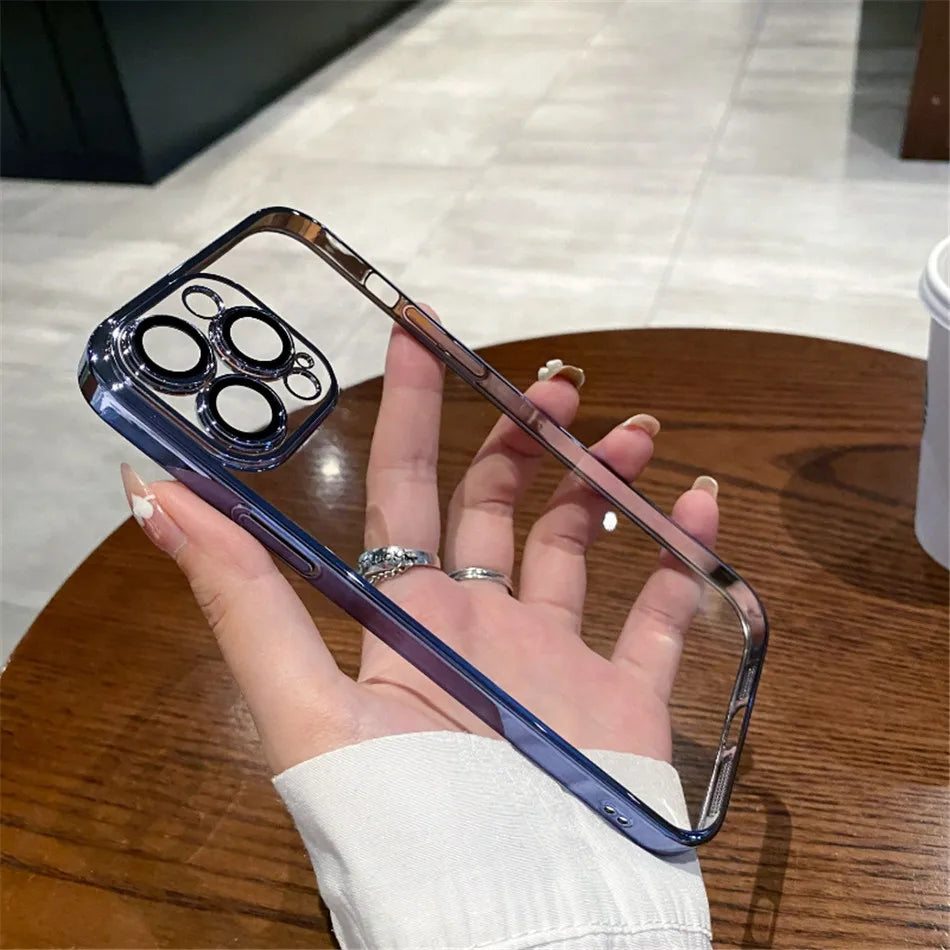 Luxury Plating Clear Silicone Case For iPhone 15 14 13 12 11 Pro X XR XS Max 7 8 Plus SE Mini Shockproof Transparent Soft Cover