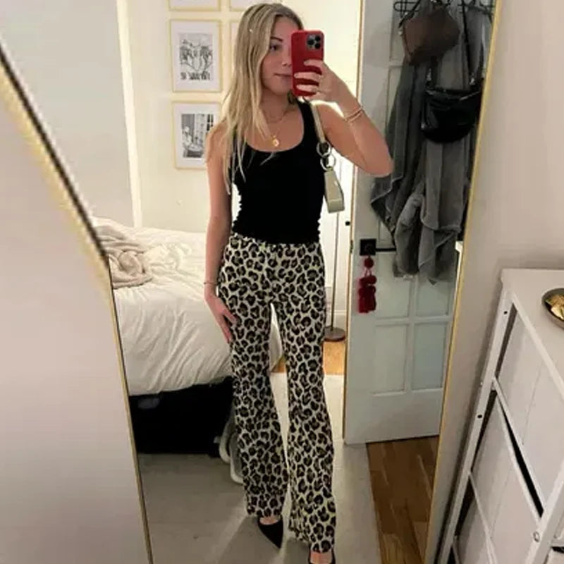 HXAO Leopard Flared Pants Women's Pants Summer 2025 Lady Fashion Vintage Animal Print High Waist Pants Chic Office Wear Trousers